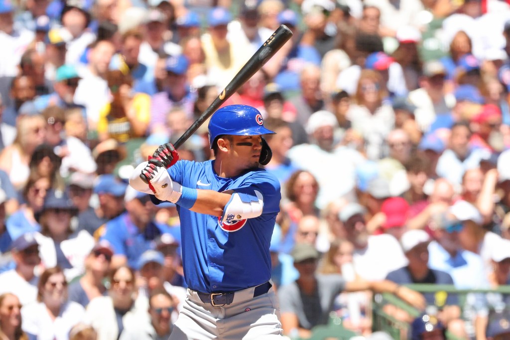 Seiya Suzuki #27 of the Chicago Cubs at bat during a game against the Milwaukee Brewers at American Family Field on June 30, 2024