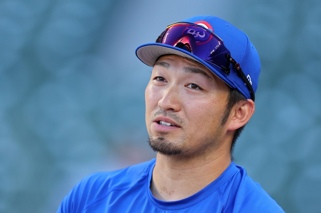 Seiya Suzuki, player number 27 of the Chicago Cubs, looking on during batting practice at Wrigley Field on July 02, 2024