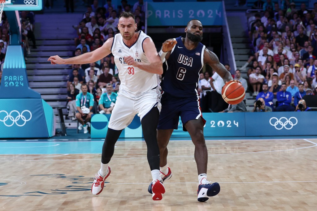 LeBron James (6) in action for Team USA basketball at the Olympics on July 28, 2024.