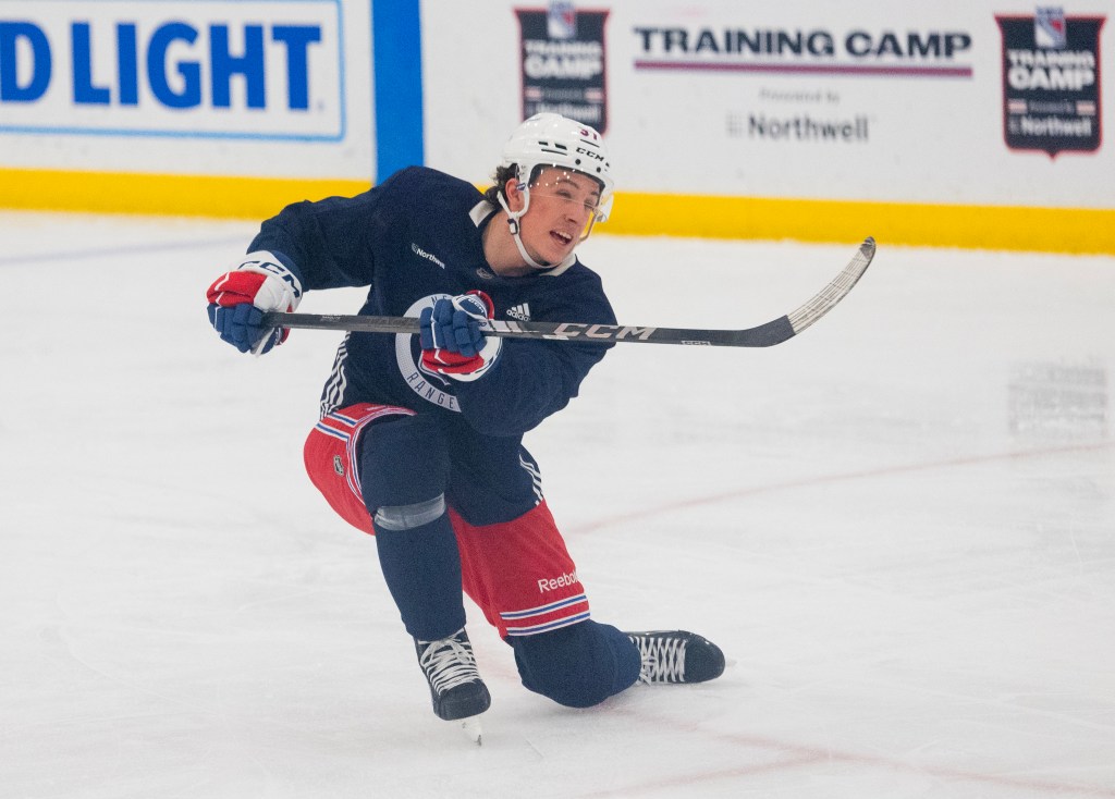 Gabe Perreault #37, during a morning work-out at the Rangers practice facility in Tarrytown, New York.
