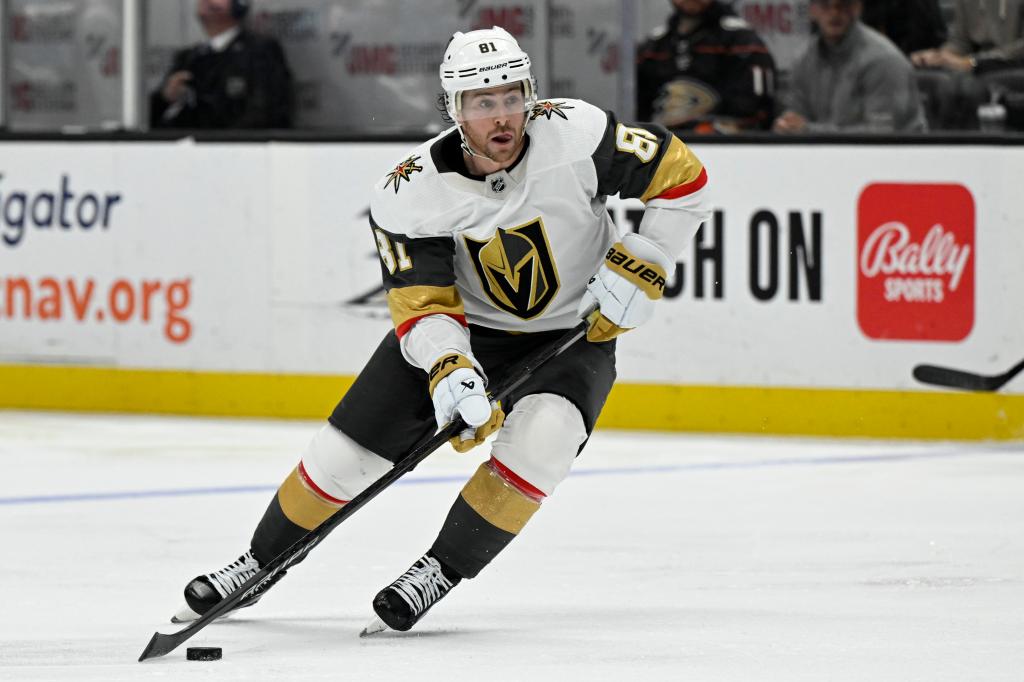 Jonathan Marchessault (81) plays against the Anaheim Ducks during the third period of an NHL hockey game in Anaheim, Calif., Wednesday, Dec. 27, 2023.