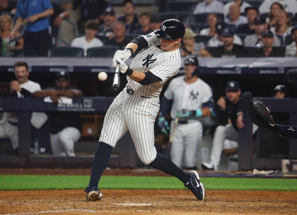 Yankees first base Ben Rice (93) singles during the fifth inning when the New York Yankees played the Cincinnati Reds Friday, July 5, 2024.