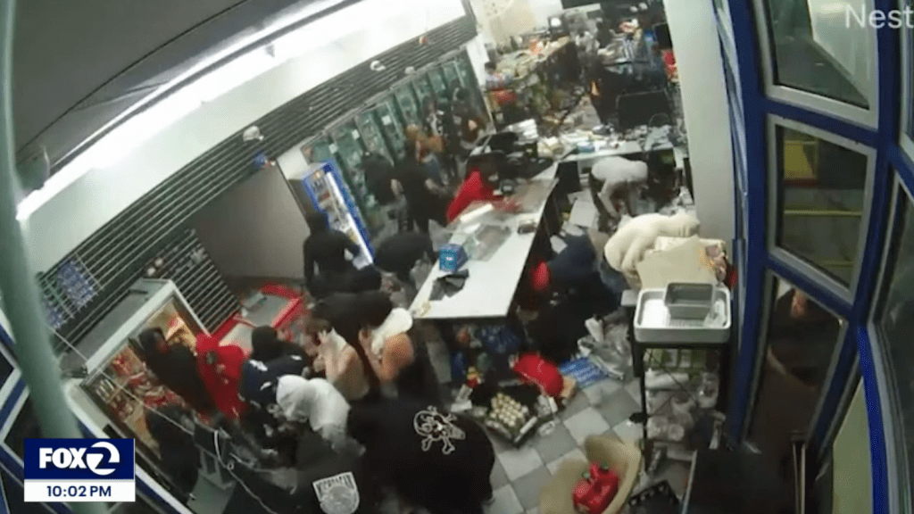 Dozens of looters ransacked an Oakland gas station convenience store and caused thousands of dollars in damage as the frustrated store manager claimed police took nine hours to respond to his plea for help.