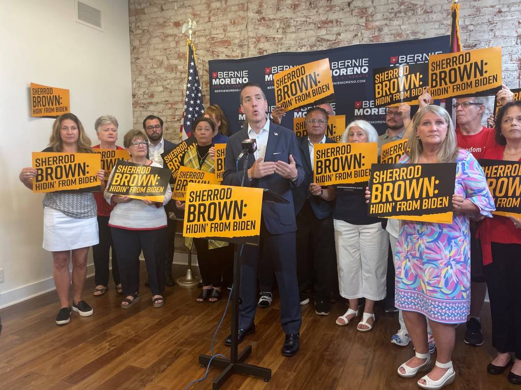 Republican Senate candidate Bernie Moreno holding a press conference to criticize Brown on July 10, 2024.