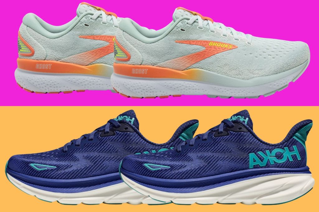 Two pairs of sneakers on a pink and orange background.