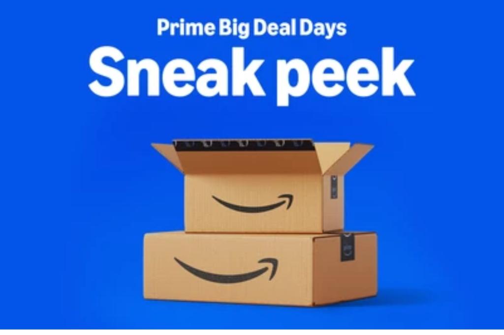 Amazon boxes in front of a blue background with the words Prime Big Deal Days Sneak Peek