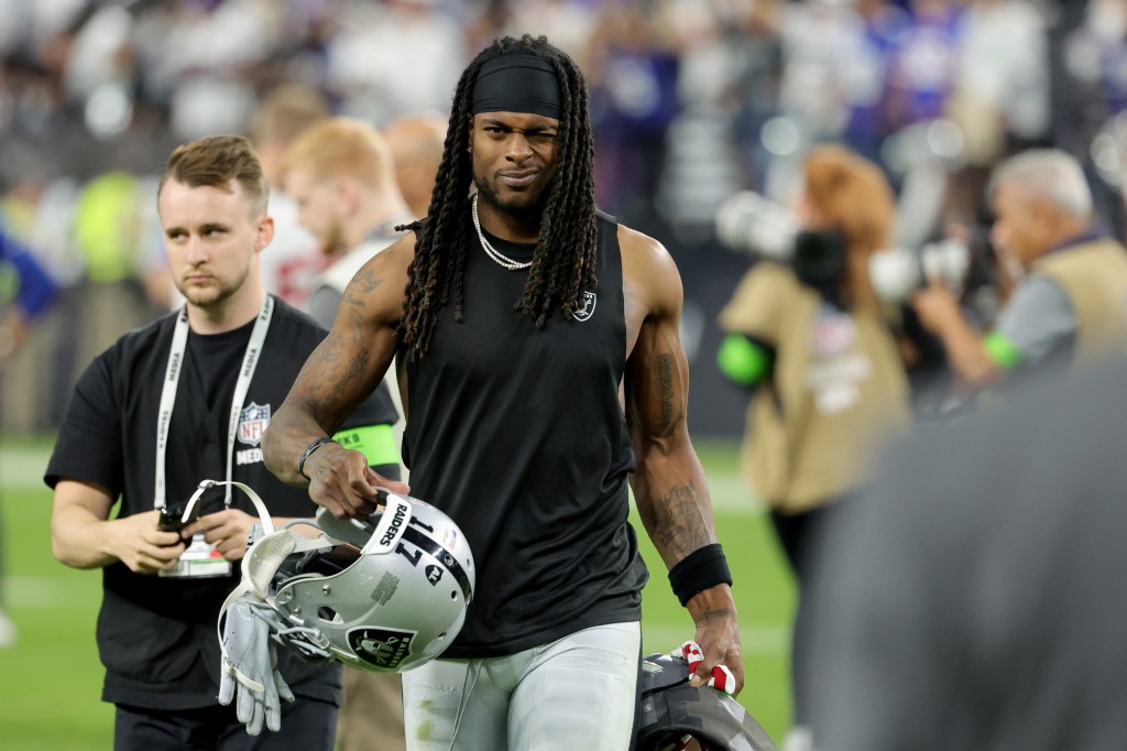 avante Adams #17 of the Las Vegas Raiders walks off the field after the Raiders defeated the New York Giants, 30-6, at Allegiant Stadium on November 05, 2023 in Las Vegas