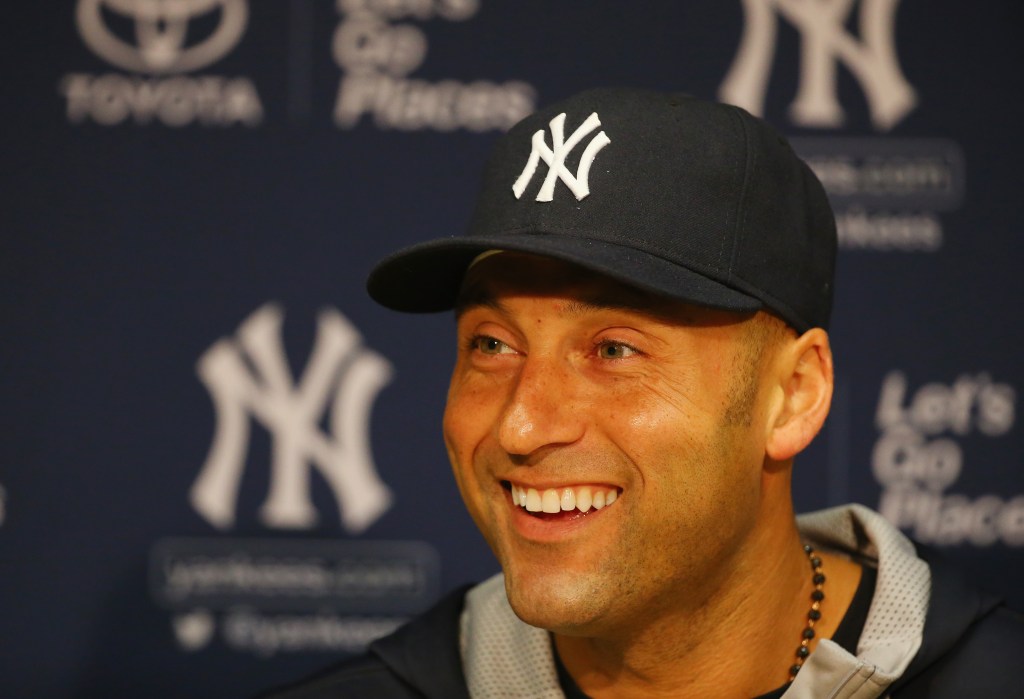 Derek Jeter #2 of the New York Yankees speaks to the media prior to the game against the Boston Red Sox at Fenway Park on September 26, 2014 in Boston, Massachusetts.  