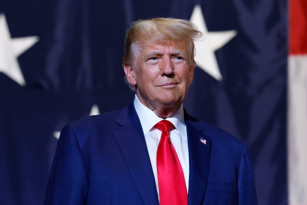 Donald Trump arrives to deliver remarks during the Georgia state GOP convention at the Columbus Convention and Trade Center on June 10, 2023 in Columbus, Georgia.