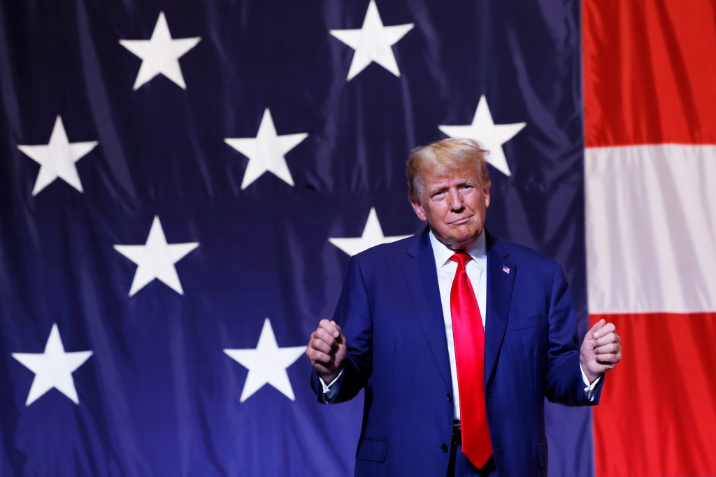 Donald Trump arrives to deliver remarks during the Georgia state GOP convention at the Columbus Convention and Trade Center on June 10, 2023 in Columbus, Georgia