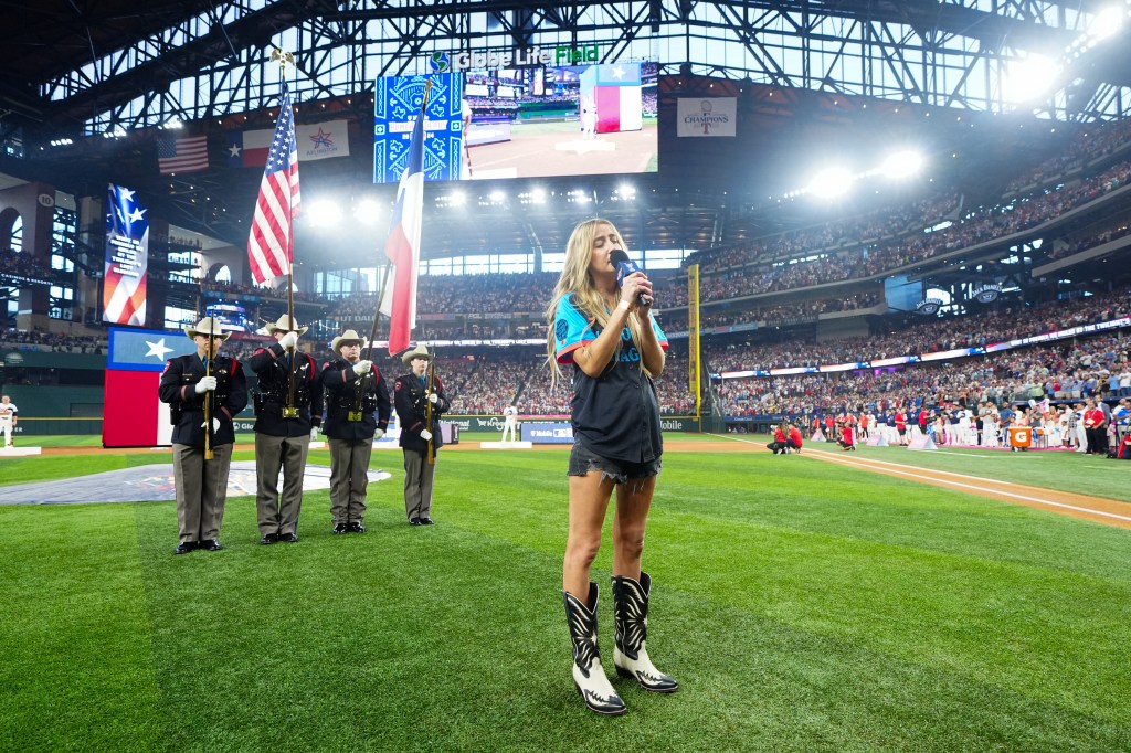 Ingrid Andress sings the national anthem prior to the 2024 T-Mobile Home Run Derby at Globe Life Field on Monday, July 15, 2024 in Arlington, Texas.
