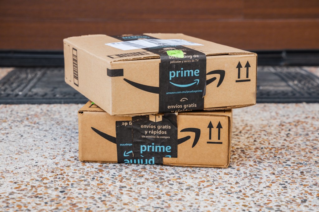 Amazon Prime packages stacked for Amazon Flex door-to-door delivery in Aguascalientes, Mexico on April 28, 2020.