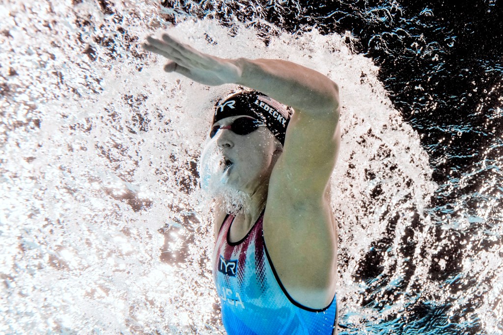 An underwater view of Katie Ledecky competing in the 1500m freestyle final at the Olympics on July 31, 2024.