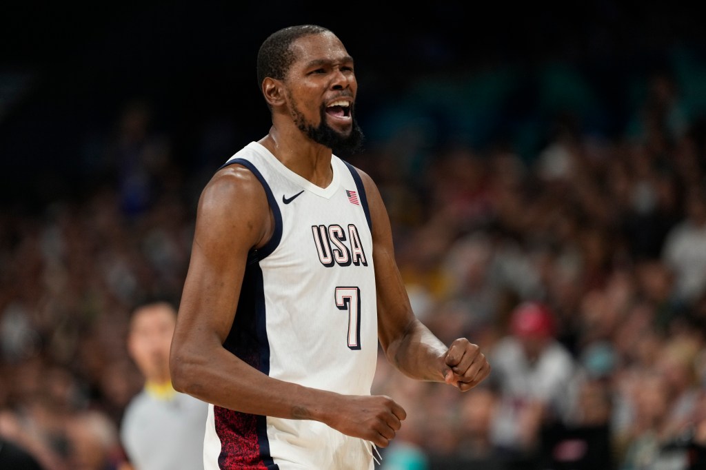 Kevin Durant celebrates during Team USA's Olympics win over South Sudan on July 31, 2024.