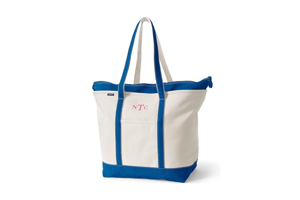 A blue and white tote bag