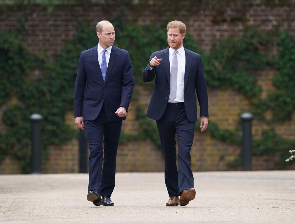 Prince William and Prince Harry arrive for the unveiling of a statue they commissioned of their mother Diana, Princess of Wales, in the Sunken Garden at Kensington Palace, on what would have been her 60th birthday on July 1, 2021 in London, England. 