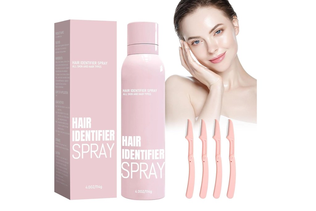 A woman holding a pink bottle of hair care spray