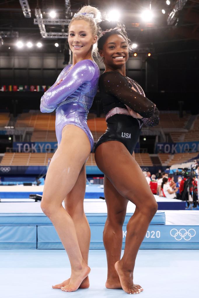 MyKayla Skinner and Simone Biles during the Tokyo Olympics in 2021.