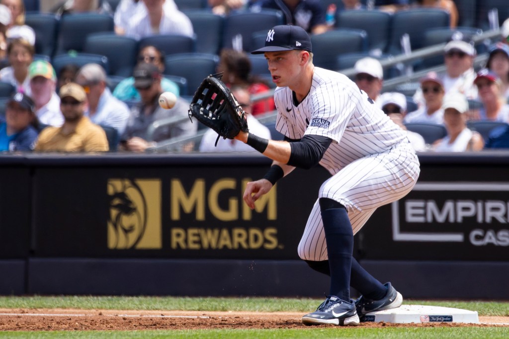 Yankees first baseman Ben Rice make a play to get out Atlanta Braves' Austin Riley in the second inning at Yankee Stadium, Sunday, June 23, 2024.