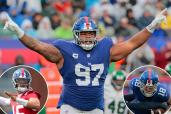 Dexter Lawrence plays for the Giants; insets: Tommy DeVito, Isaiah Hodgins