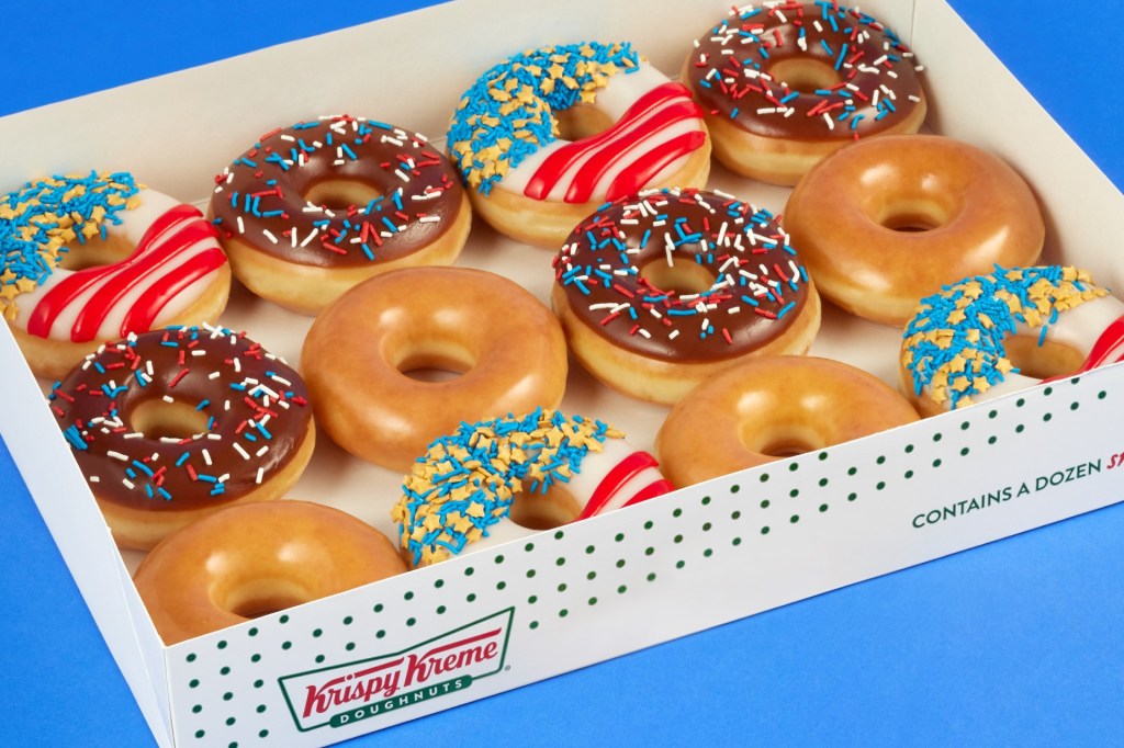 The Original Glazed Doughnut, the Go USA Doughnut, and the Chocolate Iced Glazed with Sprinkles Doughnut.