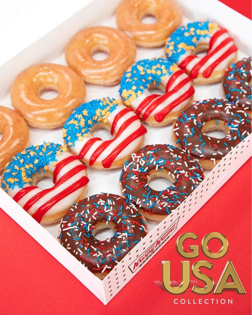 A box of Krispy Kreme donuts with 'GO USA' theme for the Olympics promotion