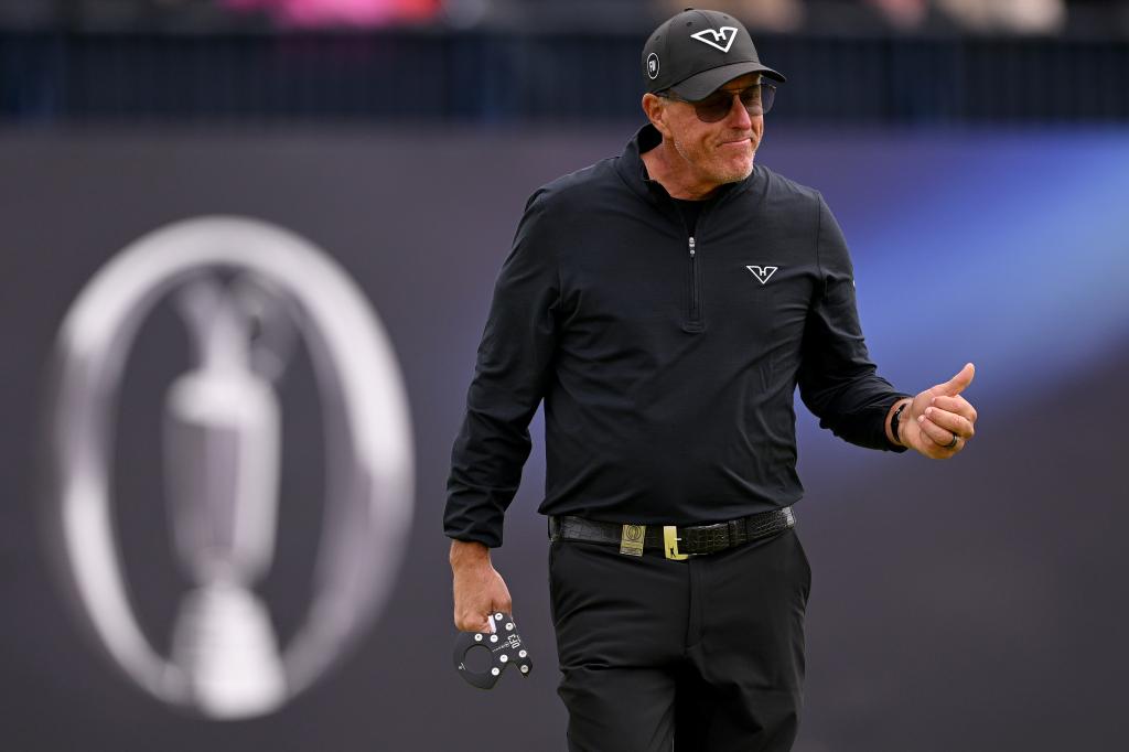 Phil Mickelson of the United States reacts on the 18th green during day four of The 152nd Open championship at Royal Troon on July 21, 2024.