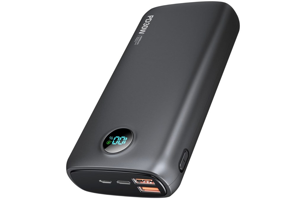 A black power bank with a digital display.