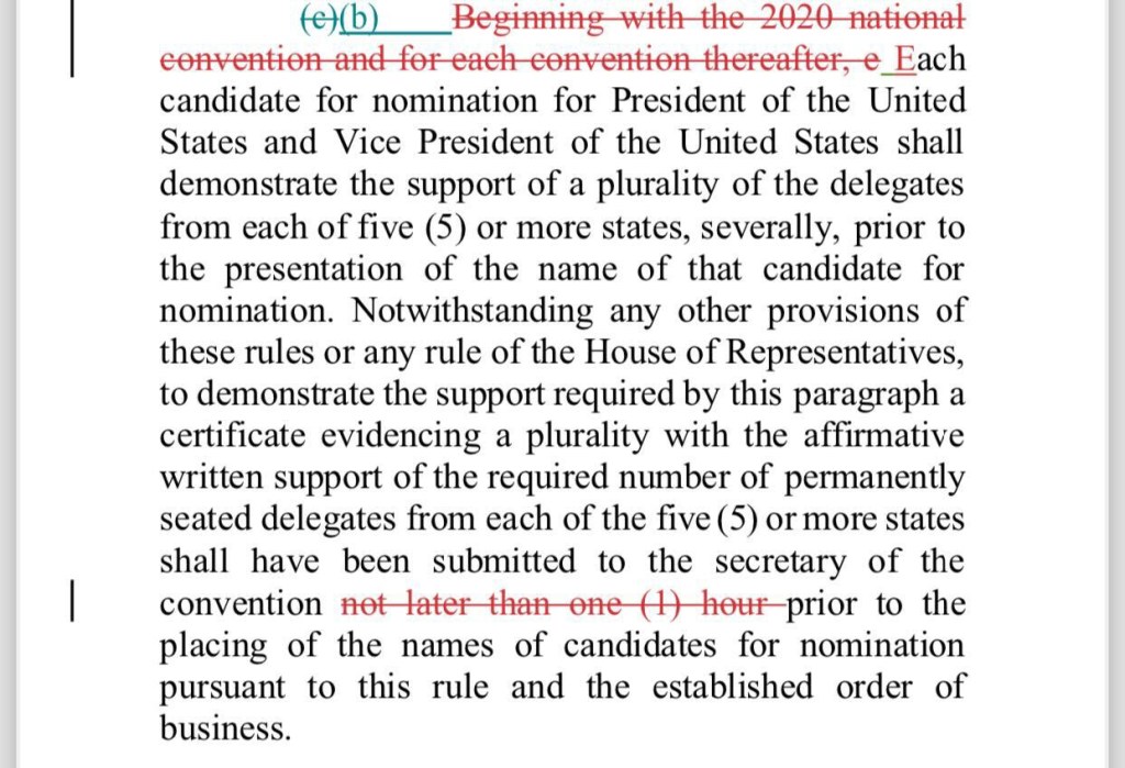 The amended RNC rules allow delegates to submit their written support to the secretary "prior" to placing the names up for nomination.