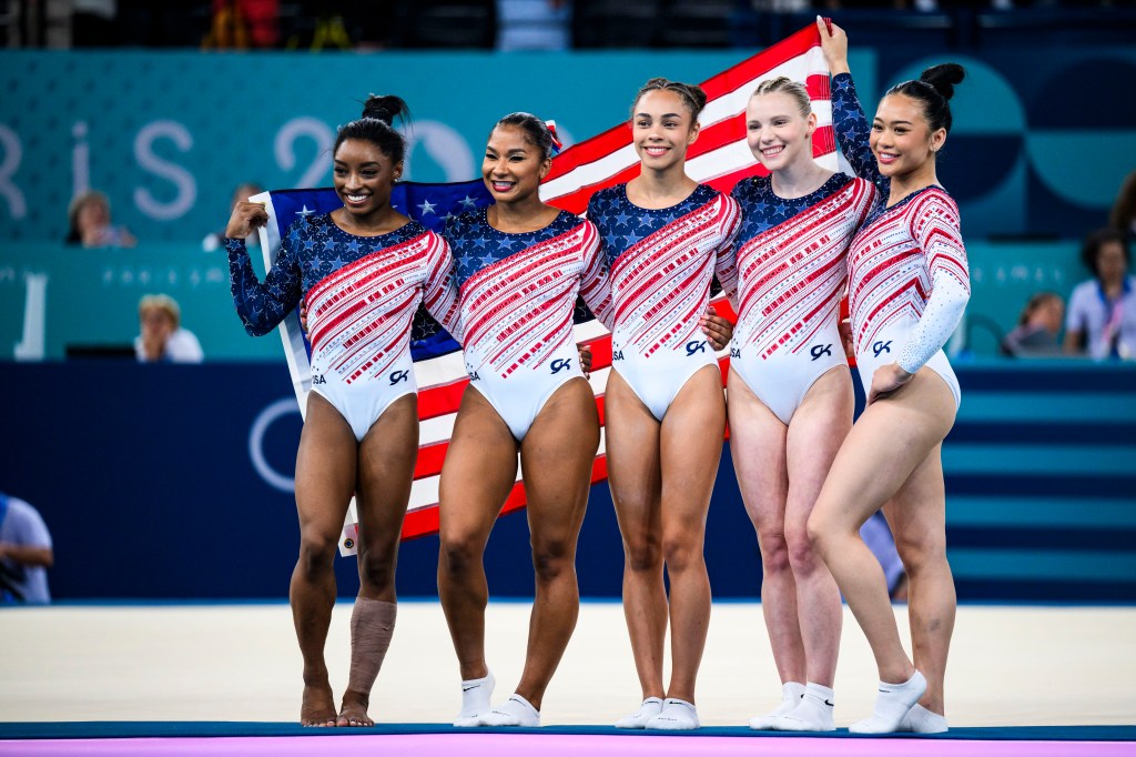 Simone Biles, Jordan Chiles, Hezly Rivera, Jade Carey and Sunisa Lee of Team United States 