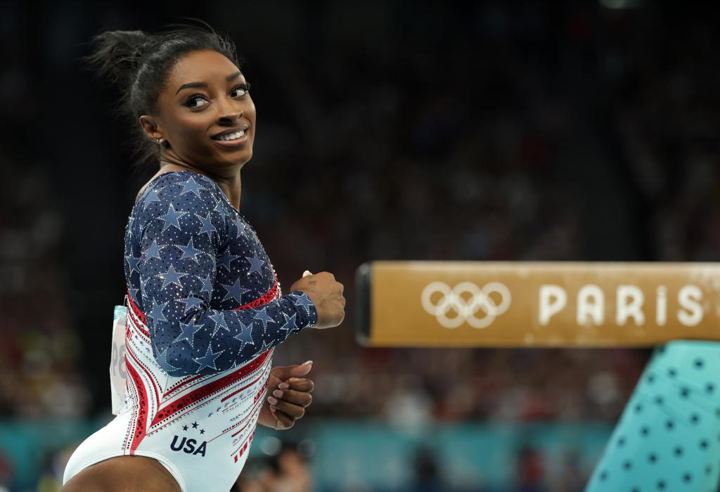 Simone Biles during the 2024 Olympics in Paris.