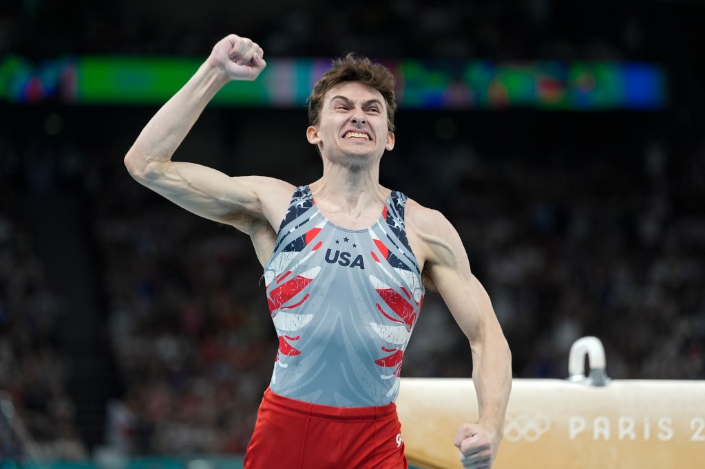 Stephen Nedoroscik, of United States, reacts after the pommel horse during the men's artistic gymnastics team finals round at Bercy Arena at the 2024 Summer Olympics, Monday, July 29, 2024, in Paris, France.