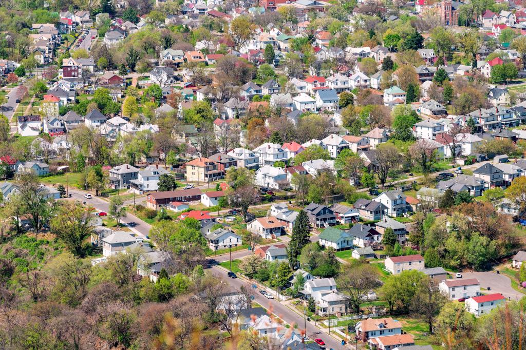 Roanoke, USA aerial high angle bird's eye view of cityscape residential neighborhood