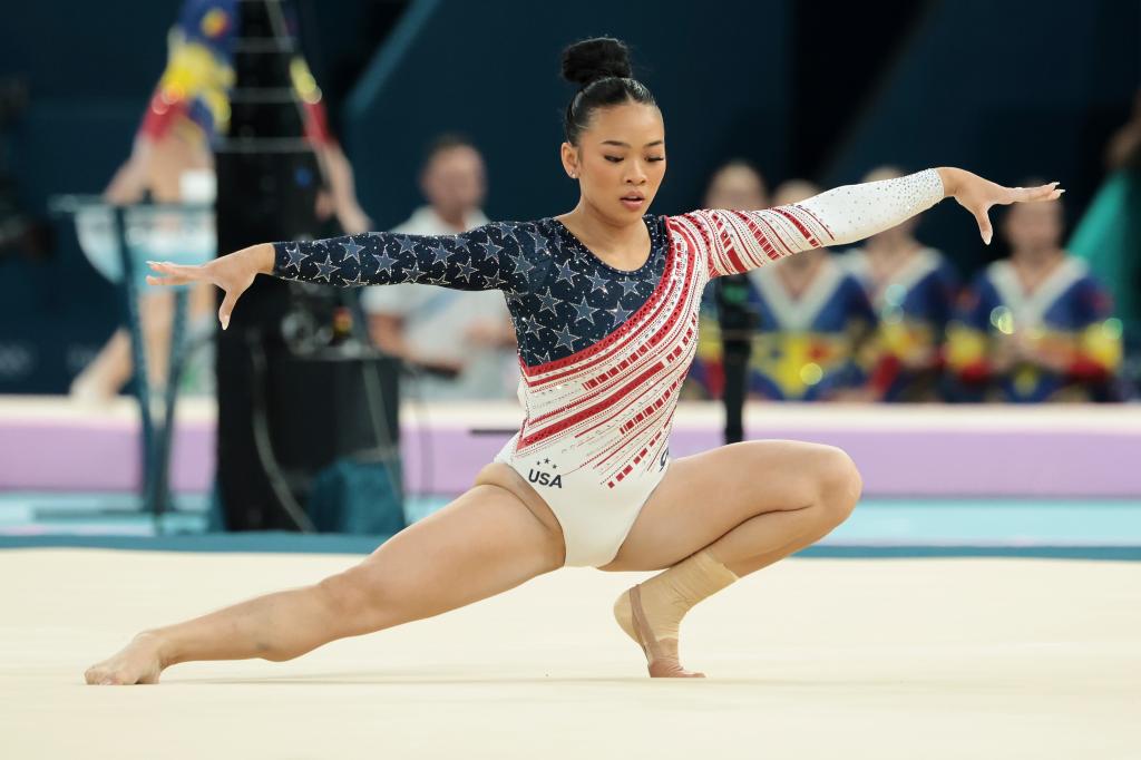 Sunisa Lee of Team United States competes in the floor exercise during the Artistic Gymnastics Women's Team Final on day four of the Olympic Games Paris 2024 at Bercy Arena on July 30, 2024 in Paris, France.