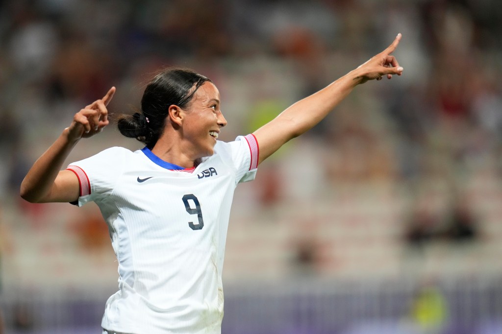 Mallory Swanson reacts after scoring her second goal for the U.S. in their Olympics win over Zambia in Nice, France on July 25, 2024.