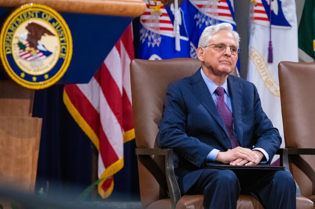 Attorney General Merrick Garland is seen during the Commemoration of the 60th anniversary of the 1964 Civil Rights Act at the US Department of Justice on July 9, 2024 in Washington, DC.