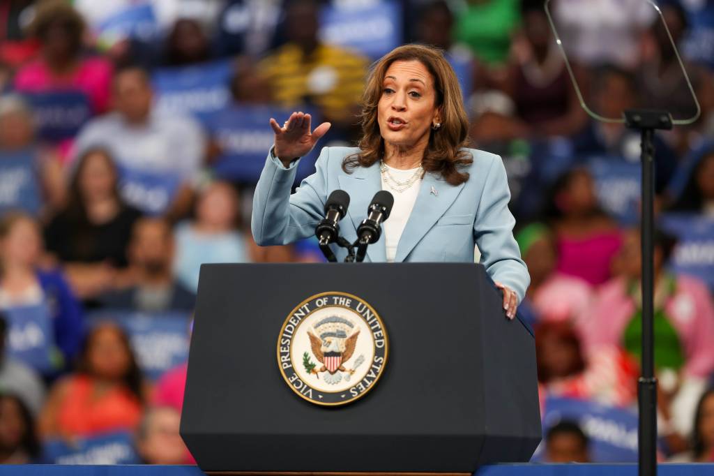 Vice President Kamala Harris speaks during a presidential campaign rally on Tuesday, July 30, 2024 at the Georgia State Convocation Center in Atlanta, Ga.