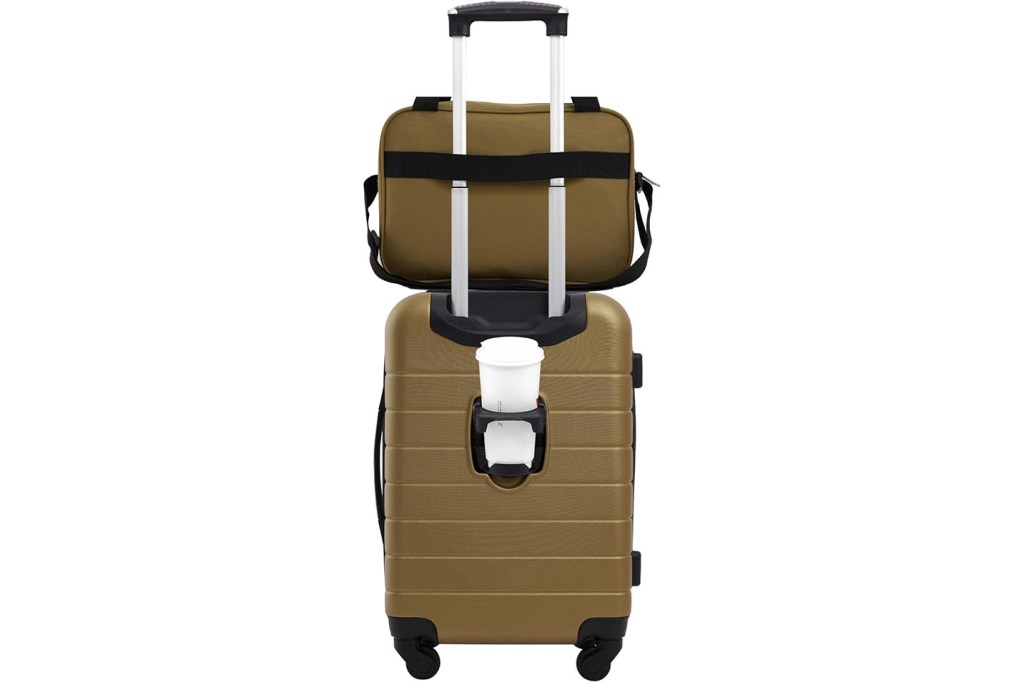 A brown suitcase with a white object on it