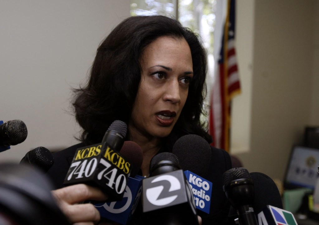 District Attorney Kamala Harris speaking at a news conference about not seeking the death penalty in Officer Isaac Espinoza's case