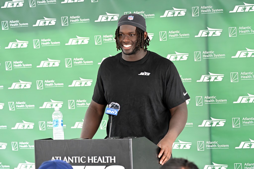 Jets offensive tackle Olu Fashanu speaks to the media after practice at training camp in Florham Park, NJ. 