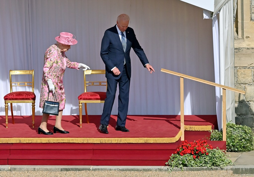 Queen Elizabeth II and U.S. President Joe Biden attend the president's ceremonial welcome at Windsor Castle on June 13, 2021 in Windsor, England.