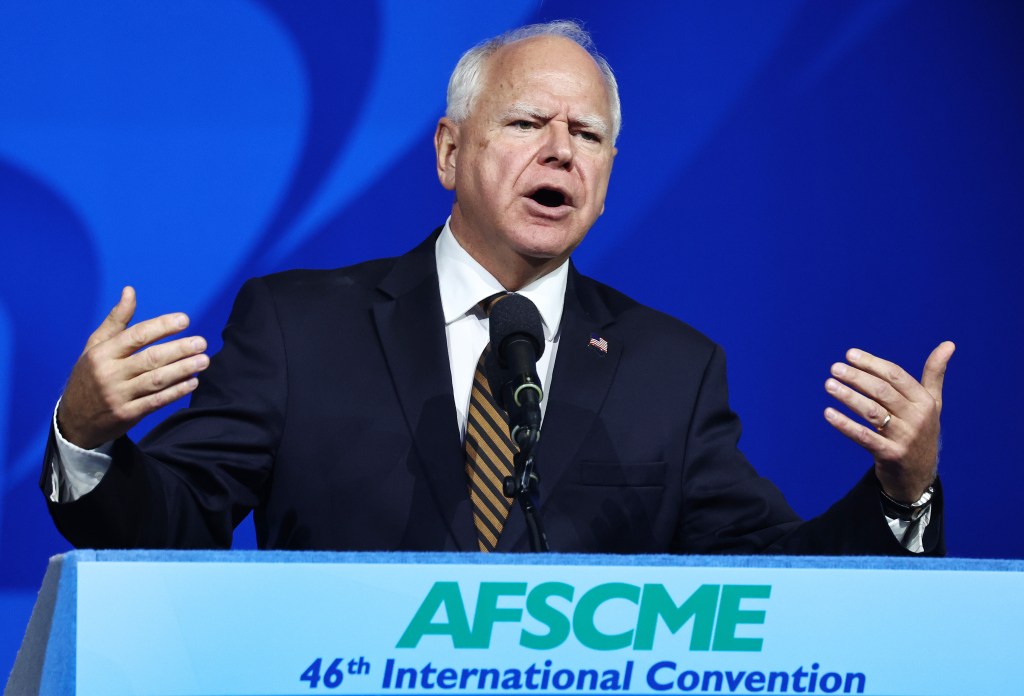 Tim Walz speaks at the 46th International Convention of the American Federation of State, County and Municipal Employees (AFSCME) at the Los Angeles Convention Center on August 13, 2024 in Los Angeles, California. 