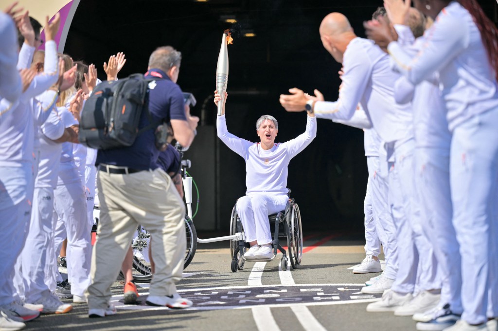 President of the French Paralympic and Sports Committee Emmanuelle Assmann at the entrance of the Channel Tunnel in Coquelles, northern France on Aug. 25, 2024.