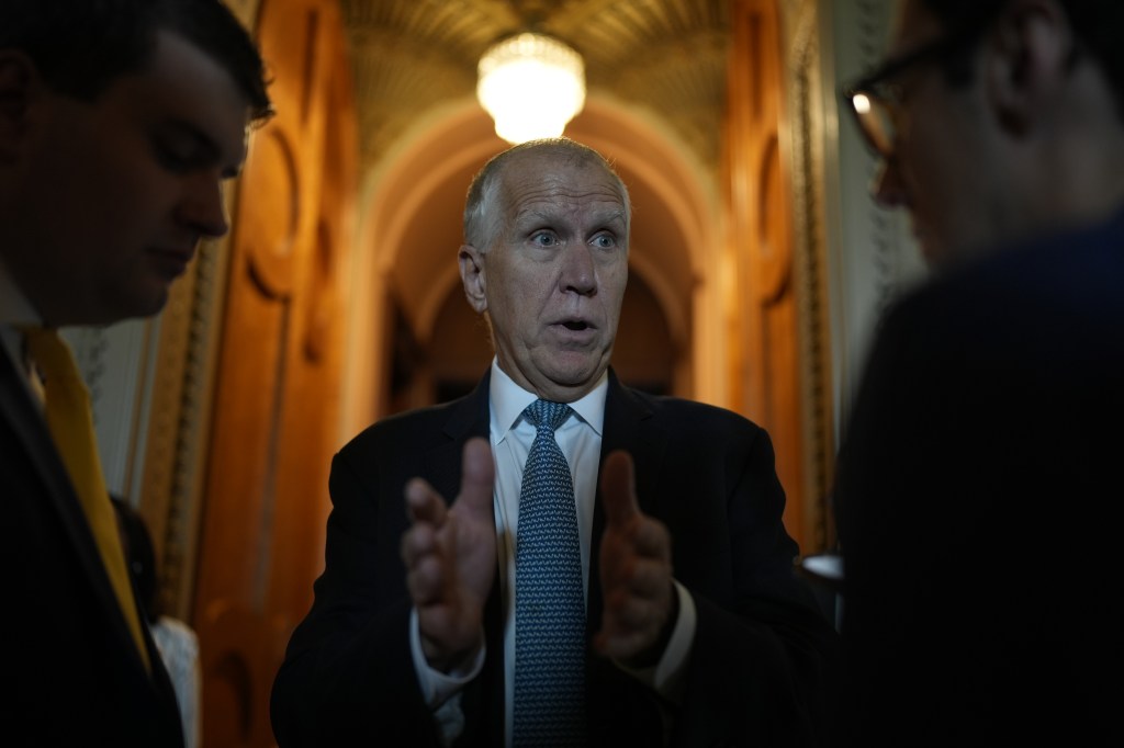 U.S. Senator Thom Tillis speaking with reporters at the U.S. Capitol before a vote on child tax credit package