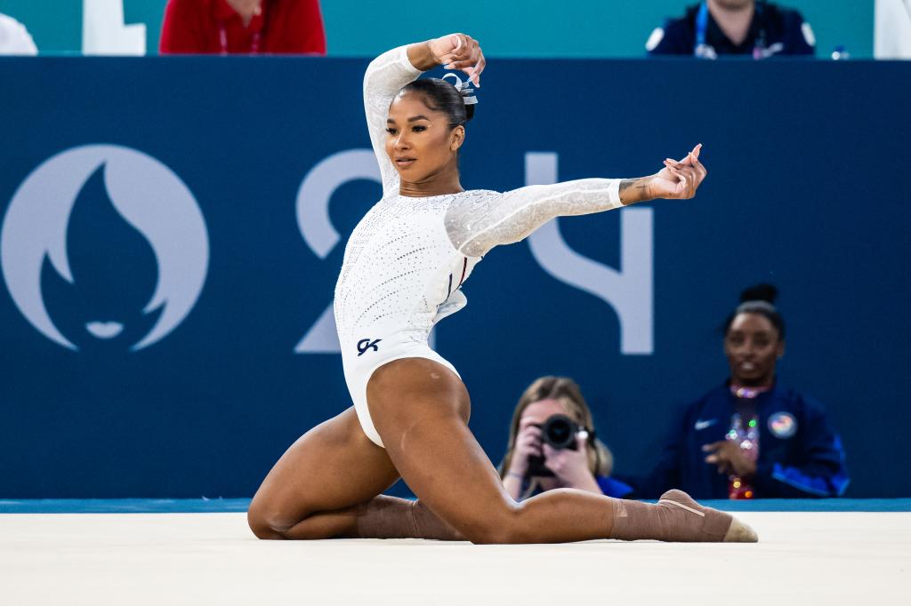 Jordan Chiles of Team United States in action Artistic Gymnastics Women's Floor Exercise Final on day ten of the Olympic Games Paris 2024 at the Bercy Arena on August 5, 2024 in Paris, France.