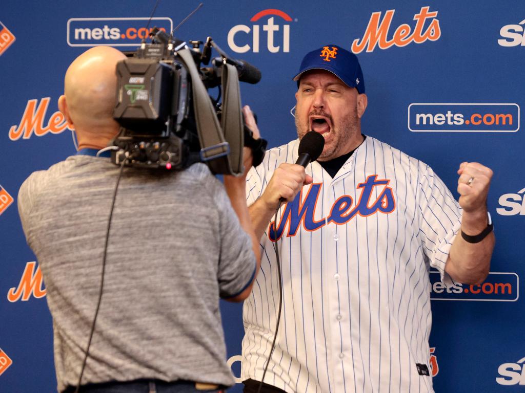 A behind-the-scenes photo of actor Kevin James filming a promotional video for the New York Mets prior to the game against the Baltimore Orioles at Citi Field on August 20, 2024 in New York City. 