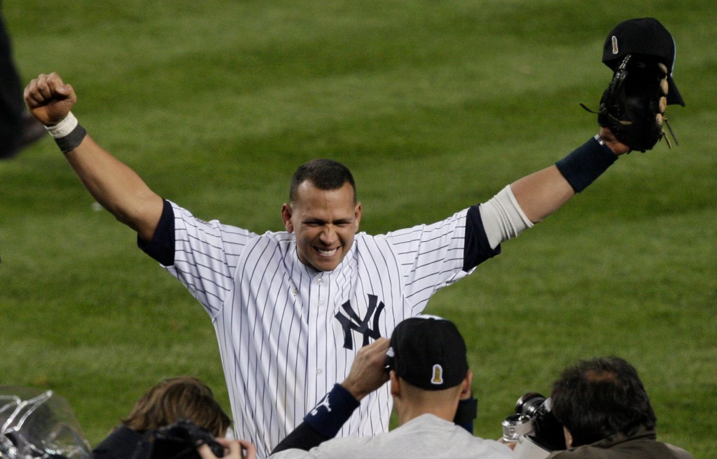 New York Yankees' Alex Rodriguez celebrates after winning the Major League Baseball World Series against the Philadelphia Phillies Wednesday, Nov. 4, 2009, in New York.