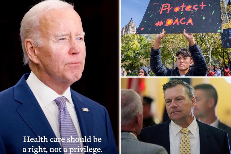 A collage featuring Joe Biden and Kris Kobach, both dressed in suits and ties