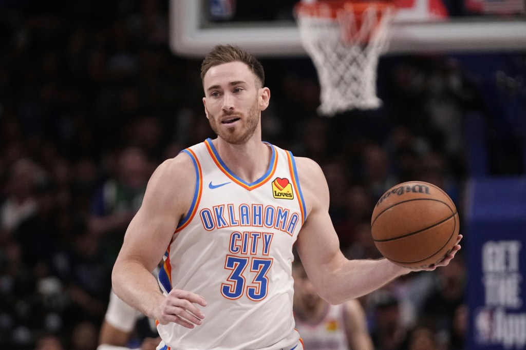 Oklahoma City Thunder's Gordon Hayward handles the ball in Game 3 of an NBA basketball second-round playoff series against the Dallas Mavericks, on May 11, 2024