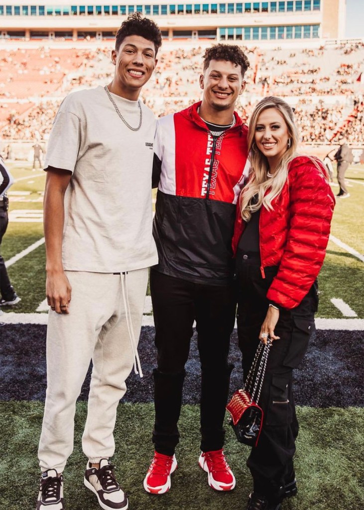 (L-R) Jackson Mahomes, Patrick Mahomes and Brittany Mahomes at a Chiefs game in 2023.